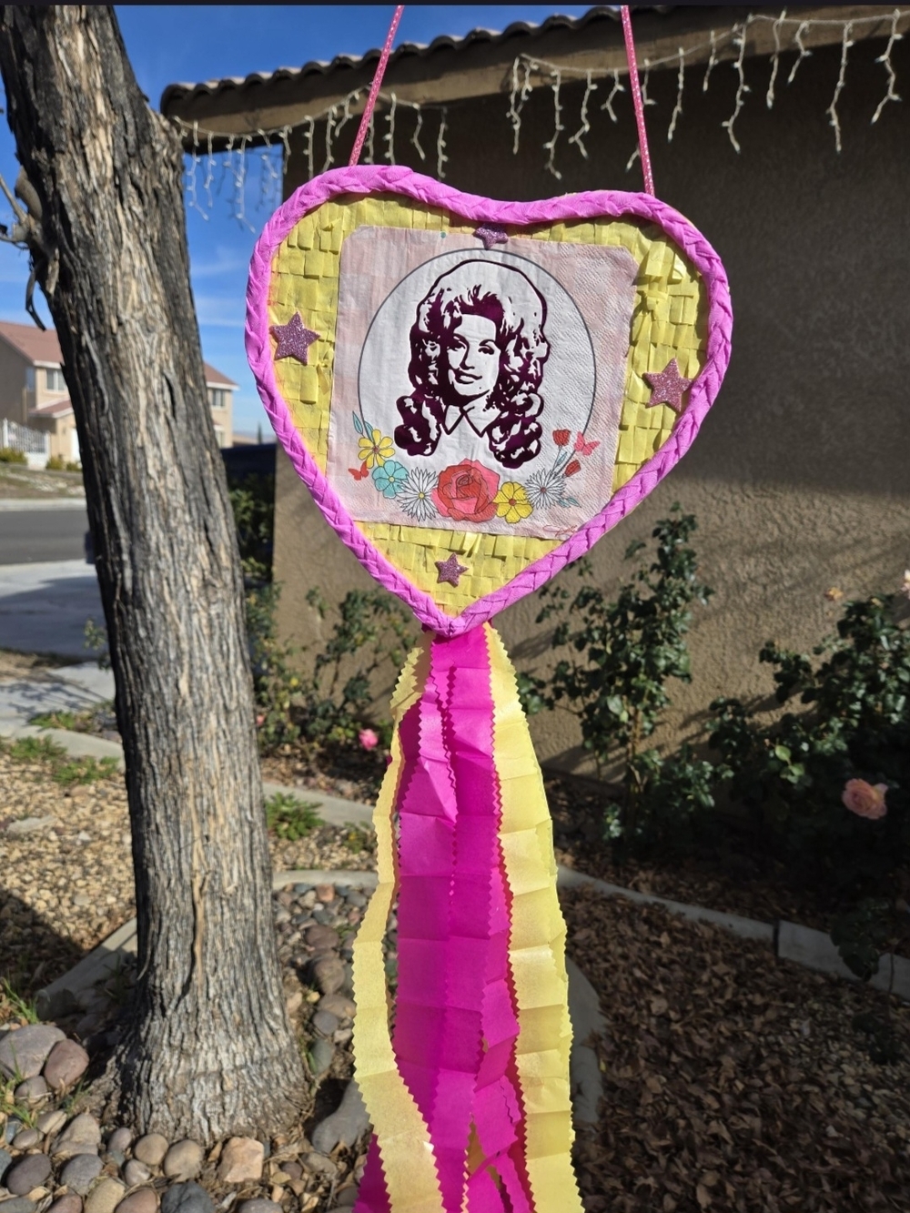 Dolly Parton Heart-Shaped Hanging Pinata Decoration in Pink & Yellow